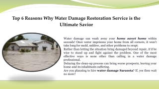 Top 6 Reasons Why Water Damage Restoration Service is the Ultimate Savior