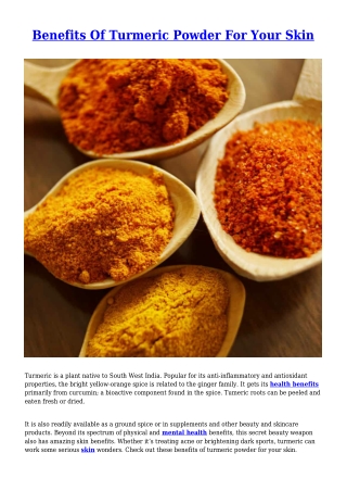 Benefits Of Turmeric Powder For Your Skin