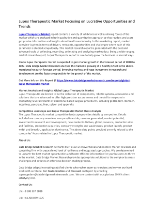 Lupus Therapeutic Market Focusing on Lucrative Opportunities and Trends