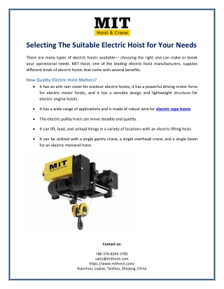 Selecting The Suitable Electric Hoist for Your Needs