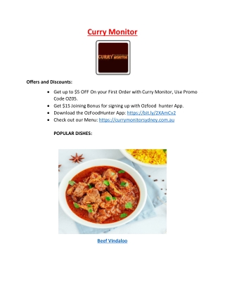 $5 Off - Curry Monitor Indian Restaurant Gordon Menu, NSW