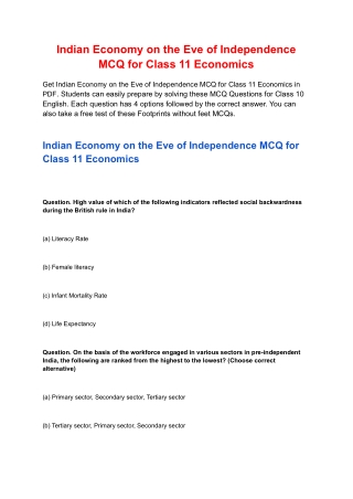 Indian Economy on the Eve of Independence MCQ for Class 11