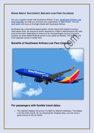 Southwest Airlines Low Fare Calendar