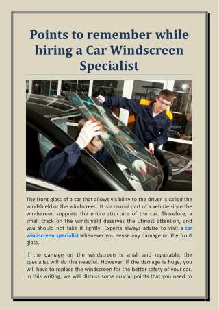 Points to remember while hiring a Car Windscreen Specialist