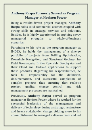 Anthony Raspa Formerly Served as Program Manager at Horizon Power