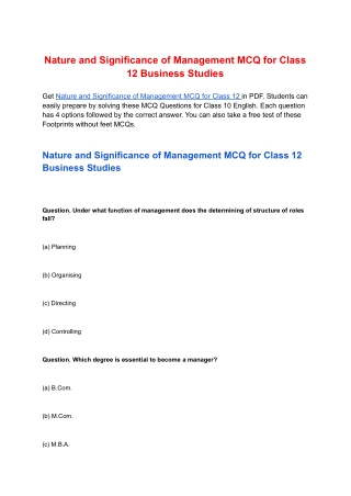 Nature and Significance of Management MCQ for Class 12