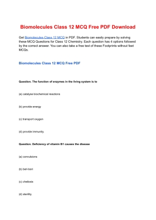 Biomolecules Class 12 MCQ Free PDF Download