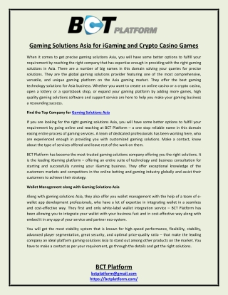 Gaming Solutions Asia for iGaming and Crypto Casino Games
