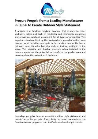 Procure Pergola from a Leading Manufacturer in Dubai to Create Outdoor Style