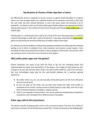 Top Reasons to Choose a Poker App Over a Casino
