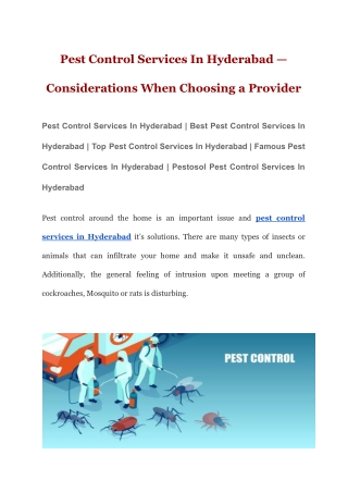 Pest Control Services In Hyderabad — Considerations When Choosing a Provider