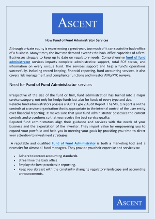 Fund of Fund Administrator Services