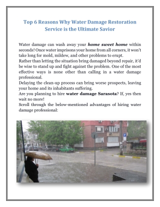 Top 6 Reasons Why Water Damage Restoration Service is the Ultimate Savior