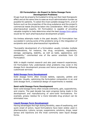 CD Formulation—An Expert to Solve Dosage Form Development Problems