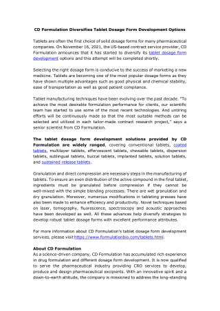 CD Formulation Diversifies Tablet Dosage Form Development