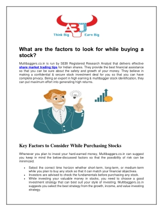 What are the factors to look for while buying a stock?