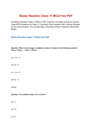 Redox Reaction Class 11 MCQ Free PDF