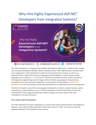 Highly Experienced ASP.NET Developers from Integrative Systems