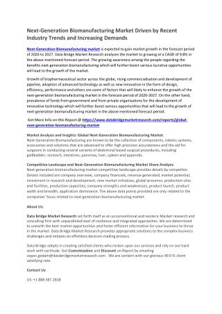 Next-Generation Biomanufacturing Market – Industry Trends and Forecast to 2027