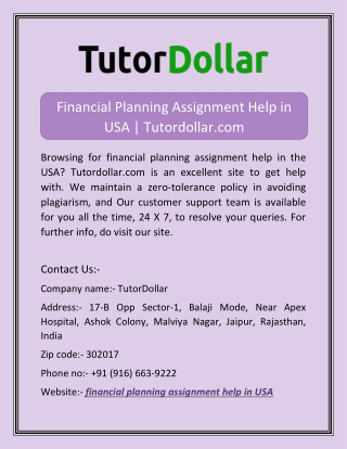 Financial Planning Assignment Help in USA | Tutordollar.com