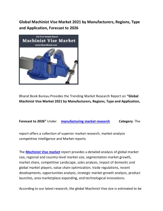 Global Machinist Vise Market 2021 Size, Type, and Forecast to 2026