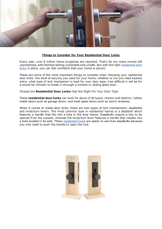 Things to Consider for Your Residential Door Locks