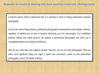 Reasons to invest in having the best quality corporate photography