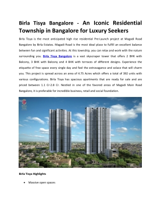 Birla Tisya Bangalore - An Iconic Residential Township in Bangalore for Luxury Seekers