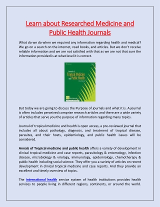Learn about Researched Medicine and Public Health Journals