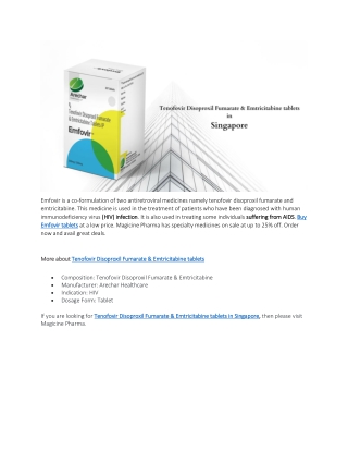 Tenofovir Disoproxil Fumarate & Emtricitabine tablets in Singapore