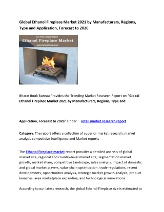 Global Ethanol Fireplace Market 2021 Application Forecast to 2026