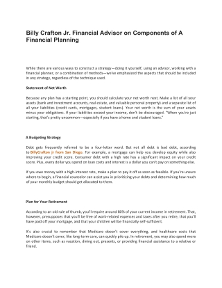 Billy Crafton Jr. Financial Advisor on Components of A Financial Planning