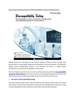 Discovering The Need And Essence Of Biocompatibility Testing For Medical Devices