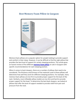 Best Memory Foam Pillow in Gurgaon