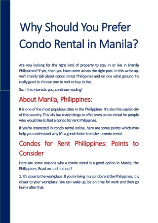 Why Should You Prefer Condo Rental in Manila