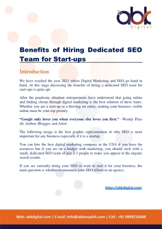 Benifits of Hiring Dedicated SEO Team for Start - Up