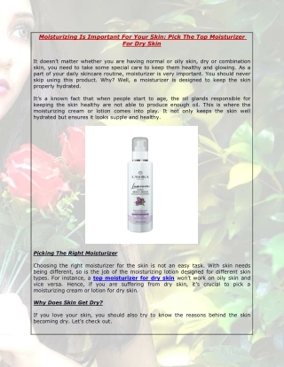 Moisturizing Is Important For Your Skin Pick The Top Moisturizer For Dry Skin