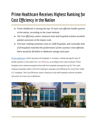 Prime Healthcare Receives Highest Ranking for Cost Efficiency in the Nation