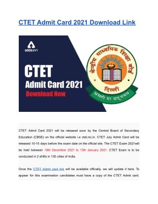 CTET Admit Card 2021 Download Link