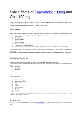 Side Effects of Tapentadol 100mg and Citra 100 mg