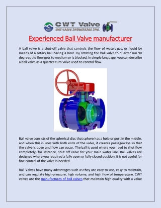 Experienced Ball Valve manufacturer