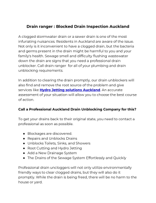 Drain ranger  Blocked Drain Inspection Auckland