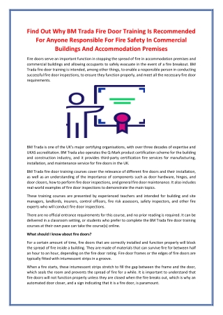 Find Out Why BM Trada Fire Door Training Is Recommended For Anyone Responsible For Fire Safety In Commercial Buildings A