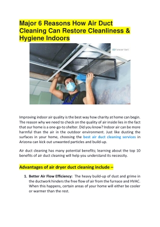 Major 6 Reasons How Air Duct  Cleaning Can Restore Cleanliness &  Hygiene Indoor