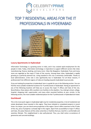 TOP 7 RESIDENTIAL AREAS FOR THE IT PROFESSIONALS IN HYDERABAD