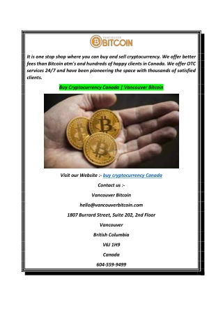 Buy Cryptocurrency Canada  Vancouver Bitcoin