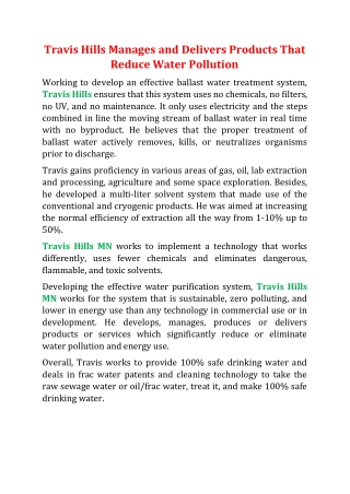 Travis Hills Manages and Delivers Products That Reduce Water Pollution