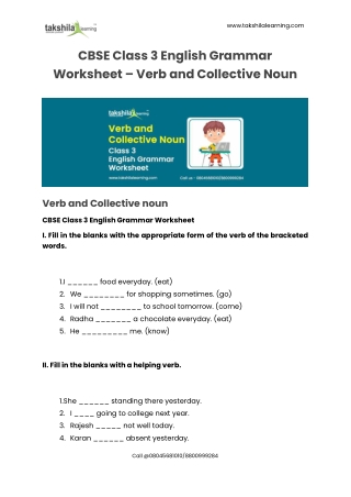 CBSE Class 3 English Verb and Collective Noun Worksheet