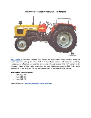 Hmt Tractor Features in India 2021 | Tractorgyan