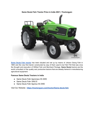 Same Deutz Fahr Tractor Price in India 2021 | Tractorgyan
